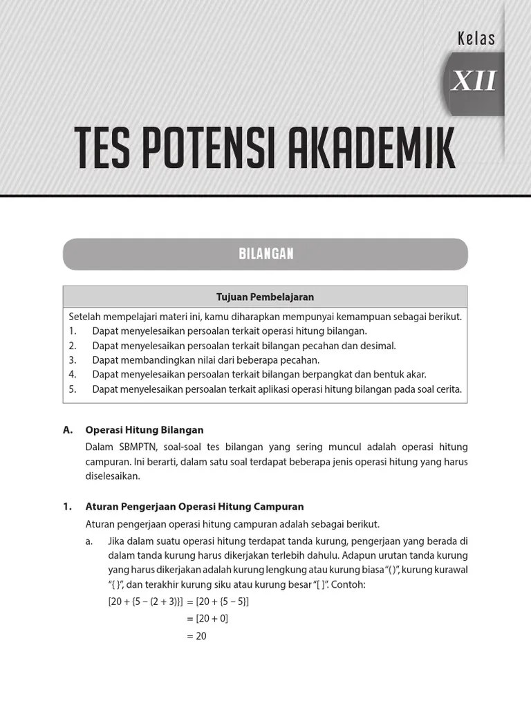 Bilangan, meliputi representasi, sifat urutan, dan operasi beragam jenis bilangan (cacah, bulat, pecahan, desimal). Tpa S3 Pdf Pdf