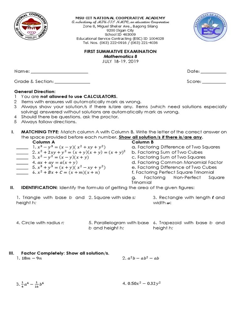 Mathematics 8 First Summative Examination | PDF | Area | Function ...