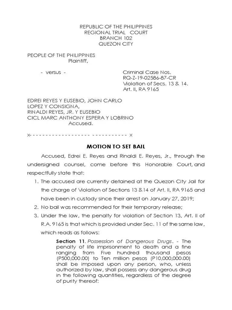 Petition To Set Bail | PDF | Bail | Mdma