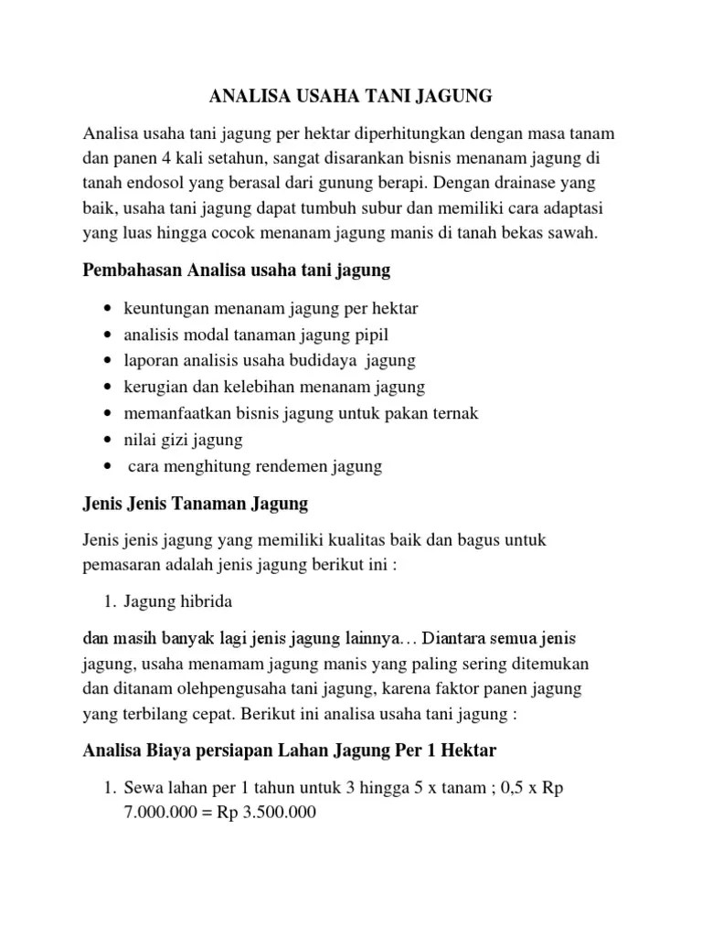 Analisa Usaha Tani Jagung