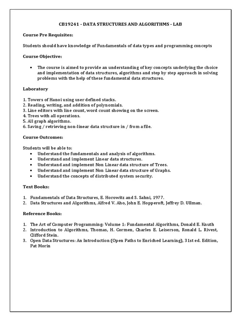 CB19241-CSBS-Data Structures And Algorithms-Lab Syllabus | PDF | Array ...