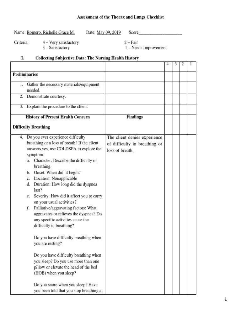 Thorax And Lungs Assessment Checklist | PDF | Thorax | Cough