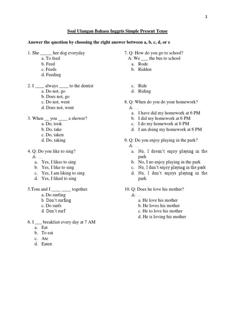 Soal Ulangan Bahasa Inggris Simple Present Tense | PDF | Languages |  Language Arts &amp; Discipline