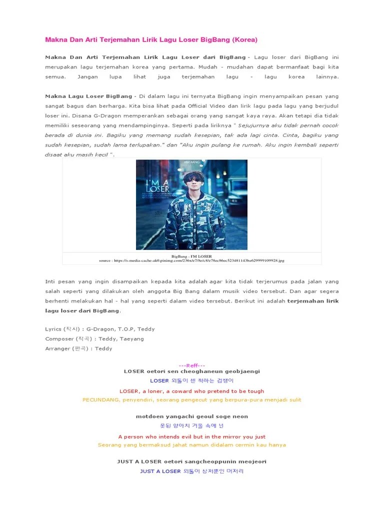 Antara tiara andini dan arsy widianto lewat lagu bahaya sangat sukses dan di . Makna Dan Arti Terjemahan Lirik Lagu Loser Bigbang Pdf