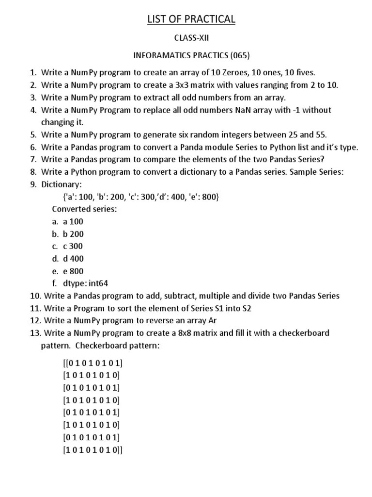 PRACTICAL LIST CLASS-XII (INFO. PRACTICALS - FINAL PDF | PDF | Computer Programming | Computing