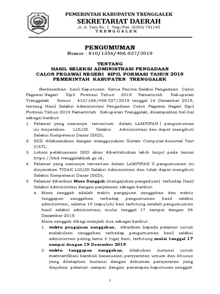 The latest tweets from bkd trenggalek (@bkdtrenggalek). 1 Pengumuman Hasil Seleksi Administrasi Cpns 2019 Pdf Pdf