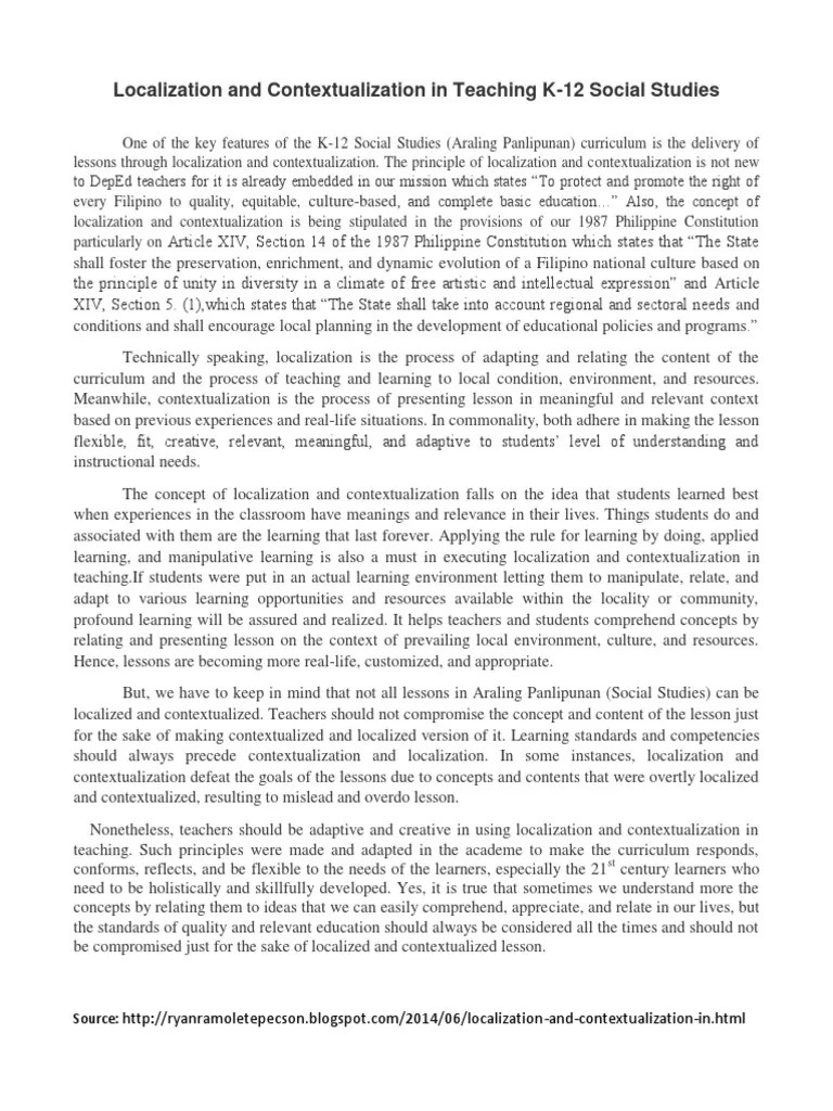 Localization And Contextualization In Teaching K 12 Social Studies | PDF | Teachers | Curriculum