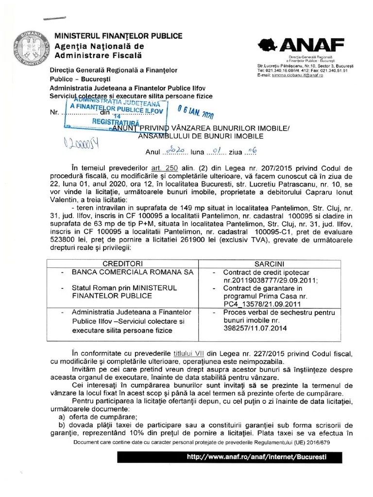 Administratia judeteana a finantelor publice ilfov. Anunt Valorif Bunuri Imobile Capraru Ionut Licitatie 3 Pdf