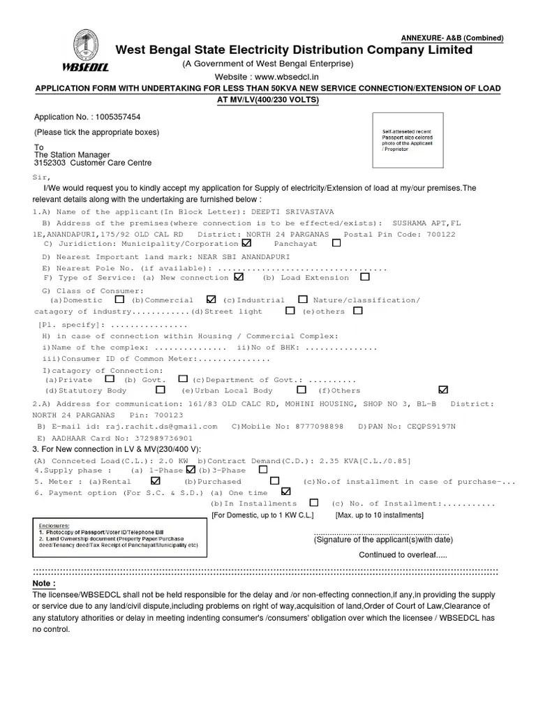 Application For A New Domestic Electricity Connection In West Bengal ...