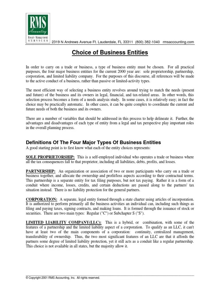 Types Of Business Entities PDF | PDF | Limited Liability Company ...