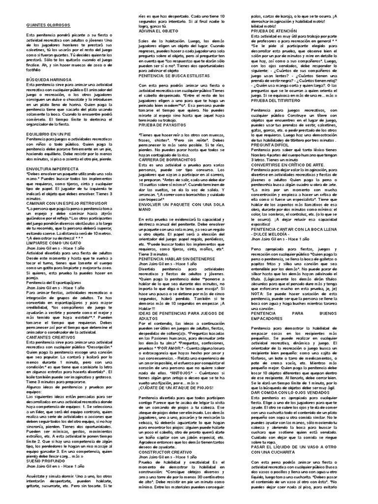Lista de los mejores juegos para adultos divertidos y picantes. Penitencias Y Penas Para Juegos Y Actividades Ludicas Pdf Amor