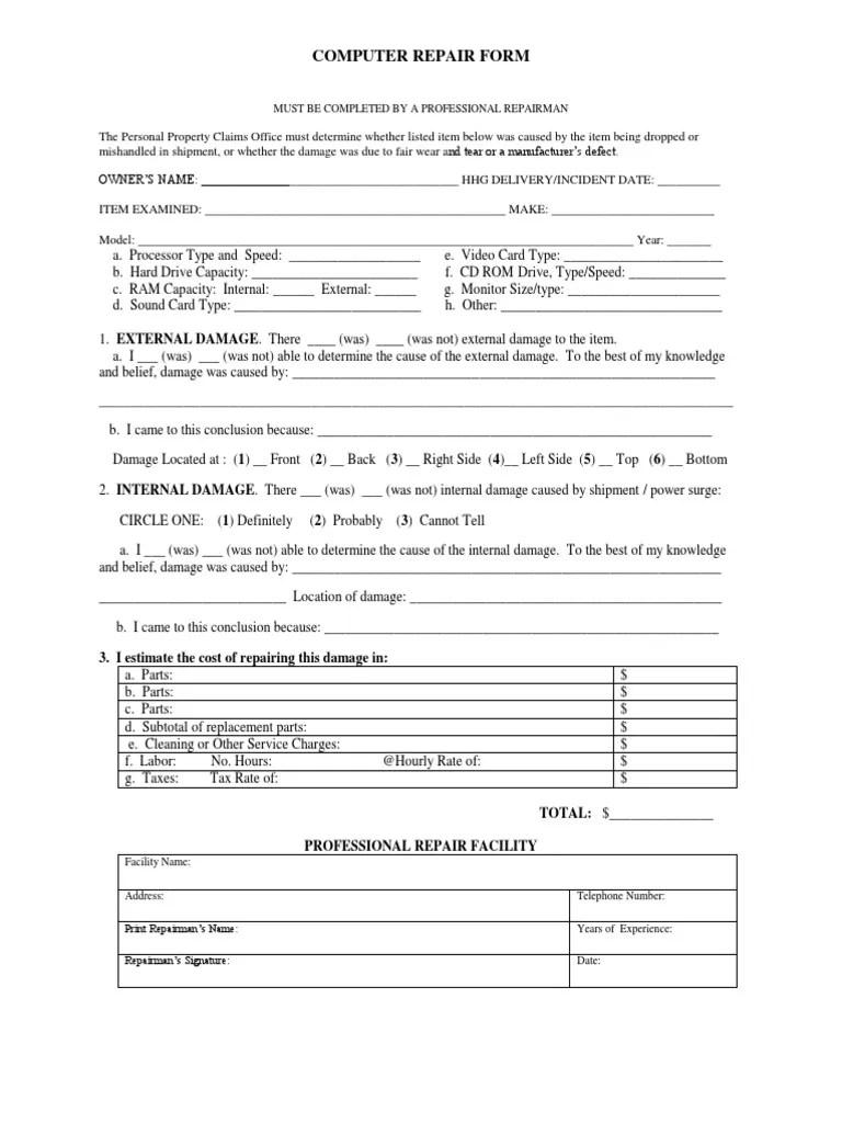 Computer Repair Form PDF | PDF | Personal Computers | Digital Electronics