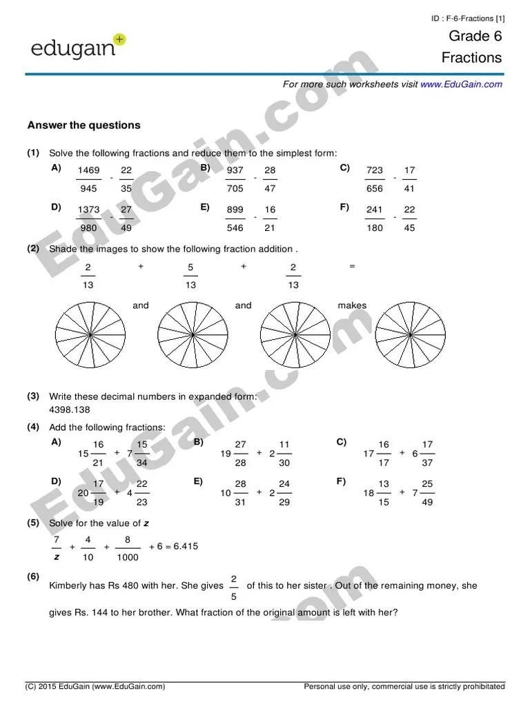Grade 6 Maths Fractions 1 Pdf Elementary Mathematics Number - Nature Images - Premium HD Collection