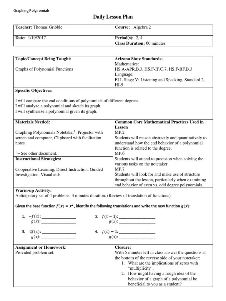 Graphing Polynomials Lesson Plan And Materials | PDF | Polynomial ...