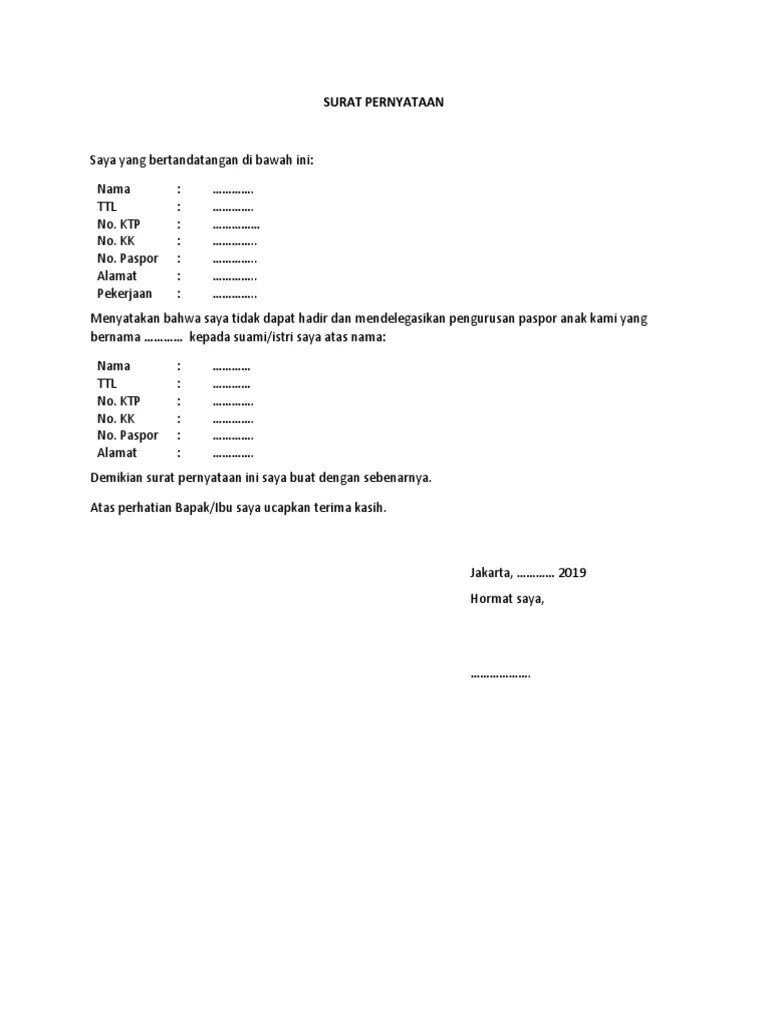 SURAT PERNYATAAN Pembuatan Paspor Anak PDF | PDF