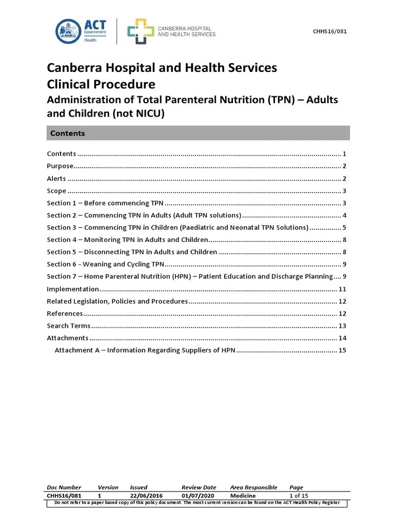 Administration Of Total Parenteral Nutrition (TPN) - Adults And ...
