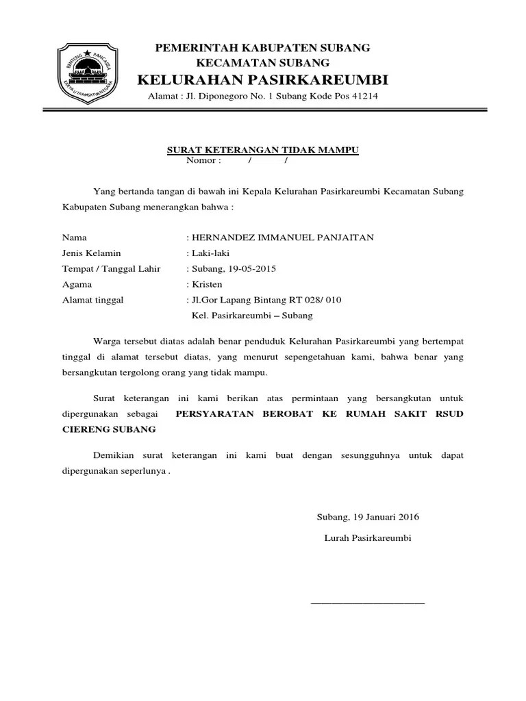 Surat Keterangan Tidak Mampu | PDF