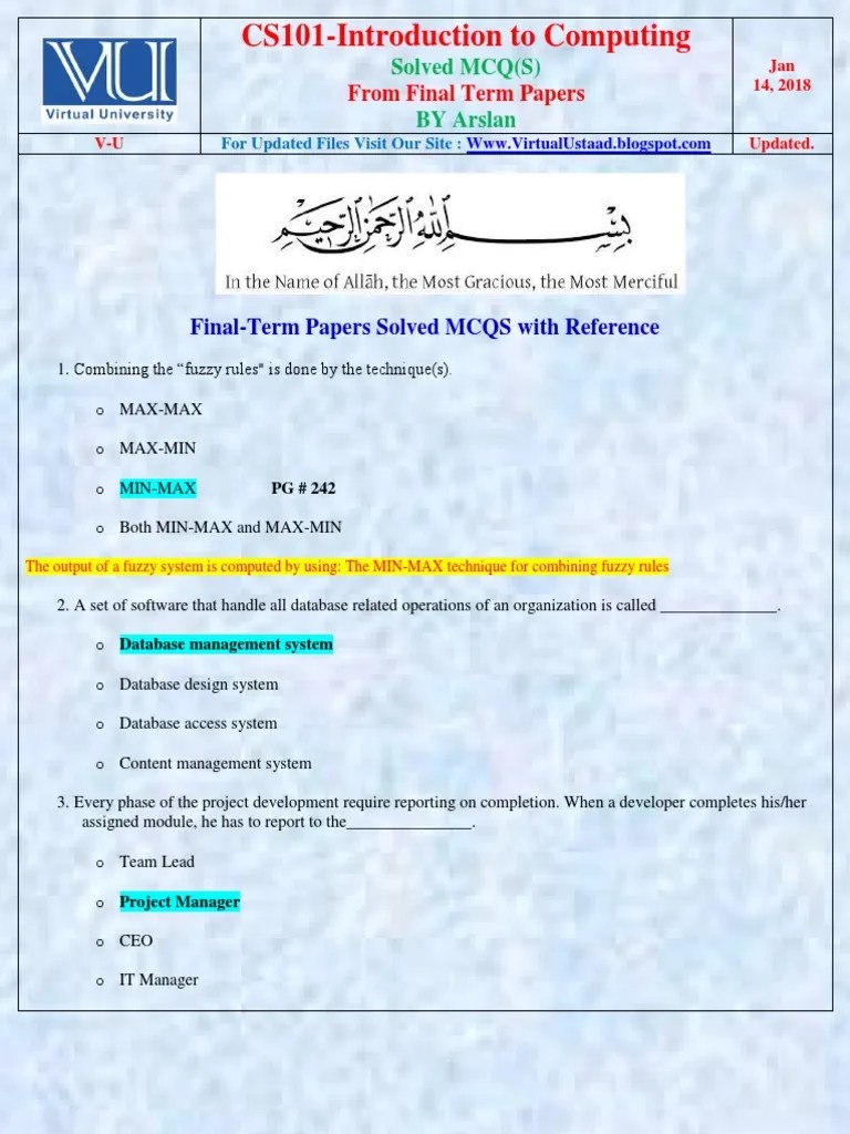 CS101-FinalTerm MCQs With Reference Solved By Arslan PDF | PDF ...