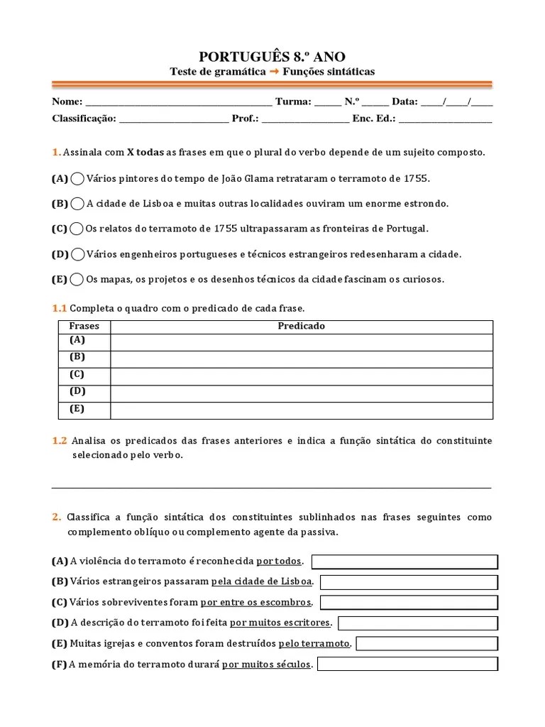 Teste Gramática 8o Ano | Assunto (Gramática) | Linguística