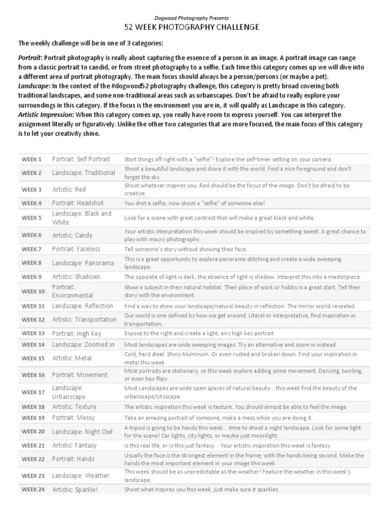 52 Week Photography Challenge | PDF | Portrait Photography | Landscape