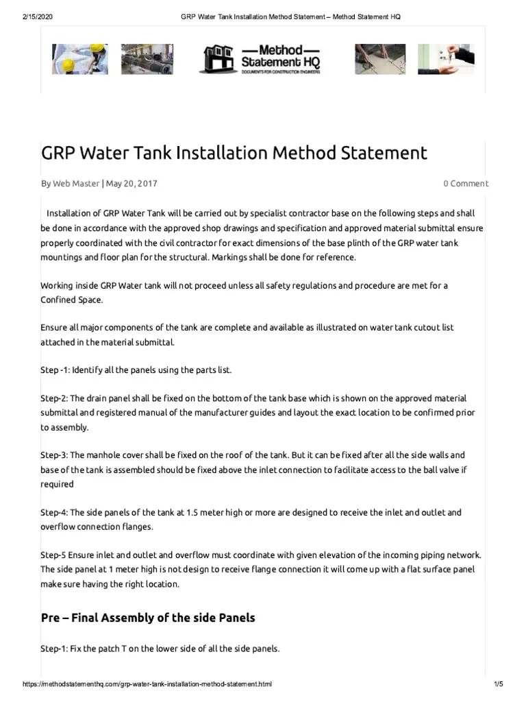 GRP Water Tank Installation Method Statement - Method Statement HQ | PDF