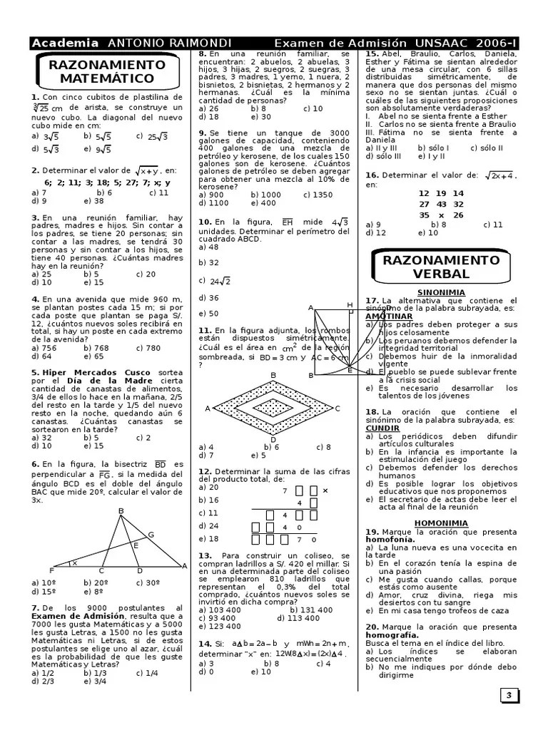 Examen De Admision UNSAAC 2006 I PDF | PDF | Trigonometría | Química