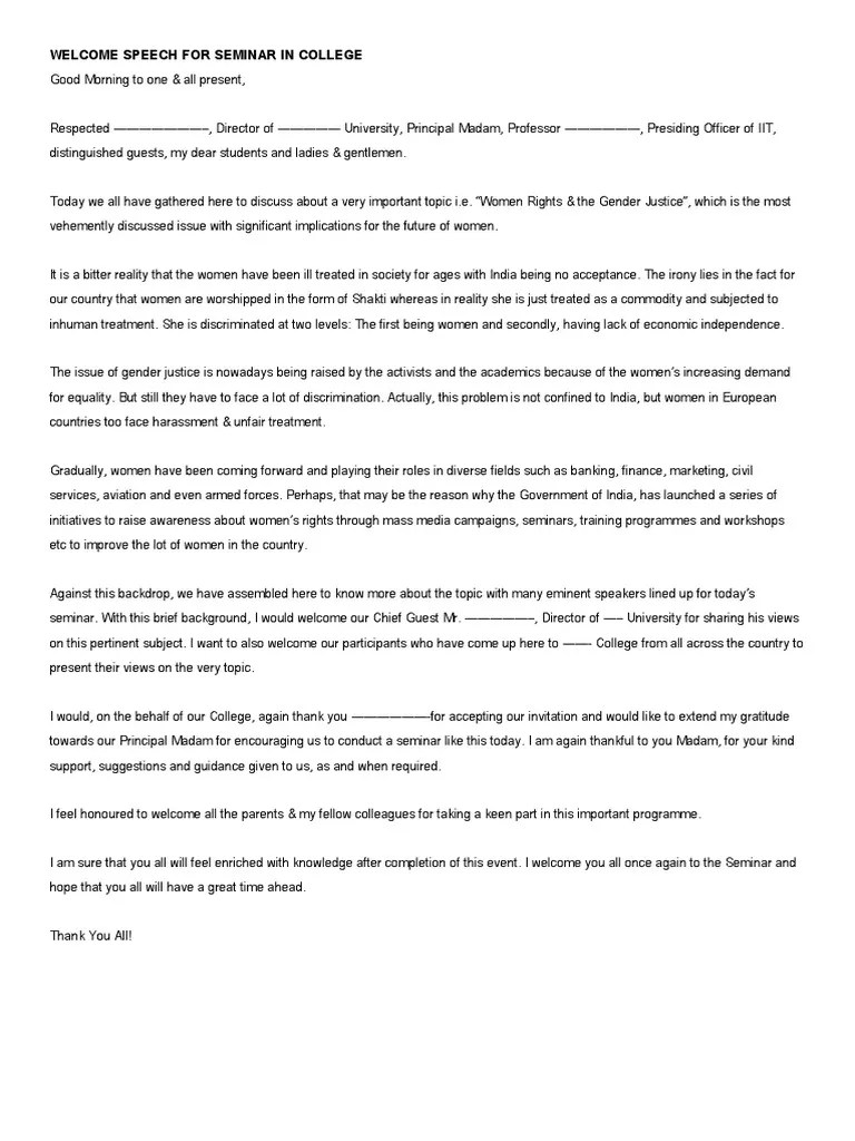 Welcome Speech For Seminar In College 2 | Download Free PDF | Medical ...