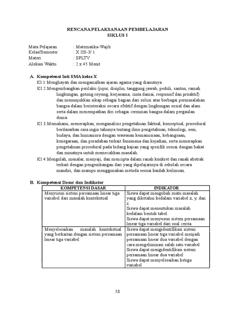 Sistem persamaan linear tiga variabel (spltv) merupakan salah satu . 9b Rpp Siklus 1 Pdf