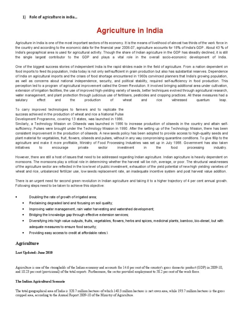 1) Role Of Agriculture In India | Download Free PDF | Agriculture | Economic Growth