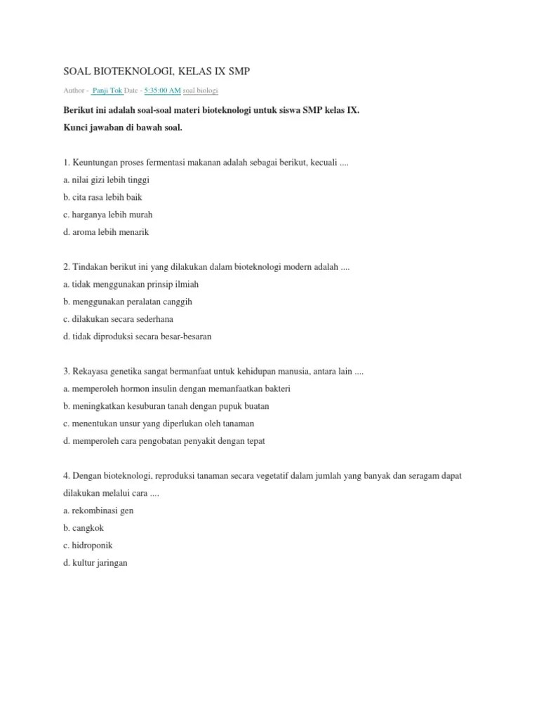 Berikut ini adalah soal soal materi bioteknologi untuk siswa smp kelas ix. Soal Bioteknologi Kelas 9 Pdf