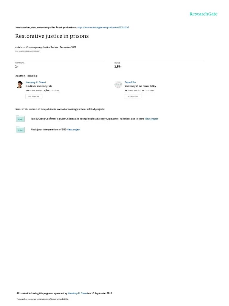 Restorative Justice In Prison PDF | PDF | Restorative Justice | Prison