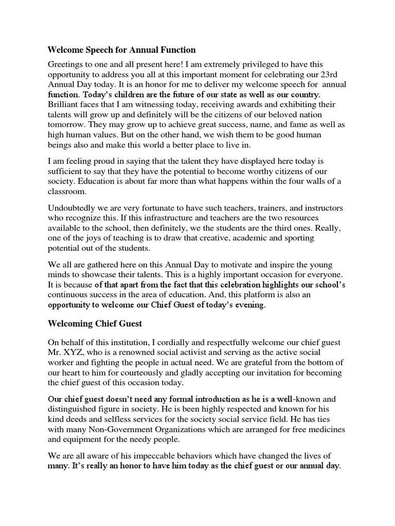 Welcome Speech For Annual Function | PDF