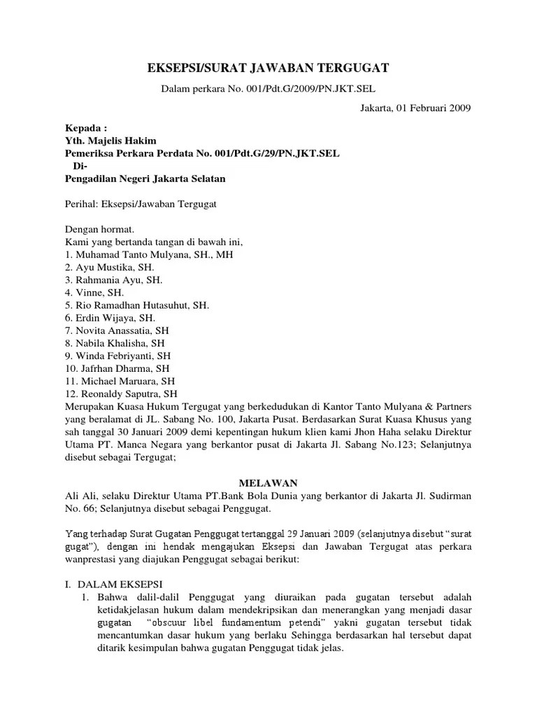 Dan permasalahan antara posita wanprestasi atau perbuatan melawan hukum. Contoh Surat Gugatan Dan Jawaban Gugatan Wanprestasi Contoh Surat