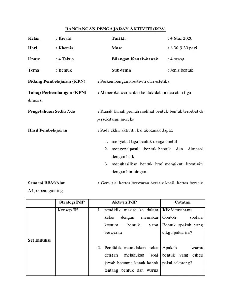 Contoh rpa perkembangan kreativiti dan estetika. Rpa Taska Pdf