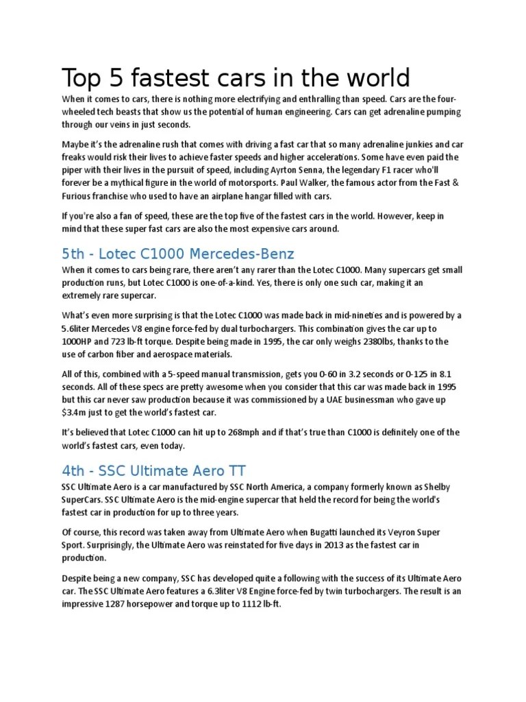 Top 5 Fastest Cars In The World | PDF