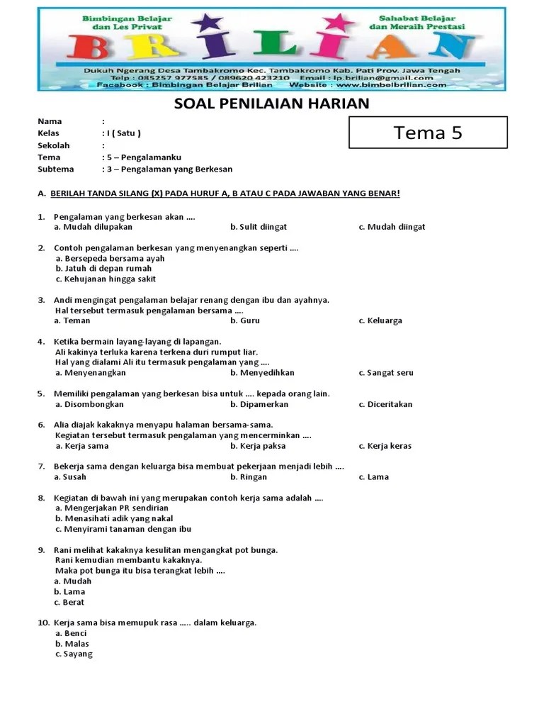 Soal Tematik Kelas 1 SD Tema 5 Pengalamanku Subtema 4 Pengalaman Yang  Berkesan Dan Kunci Jawaban | PDF
