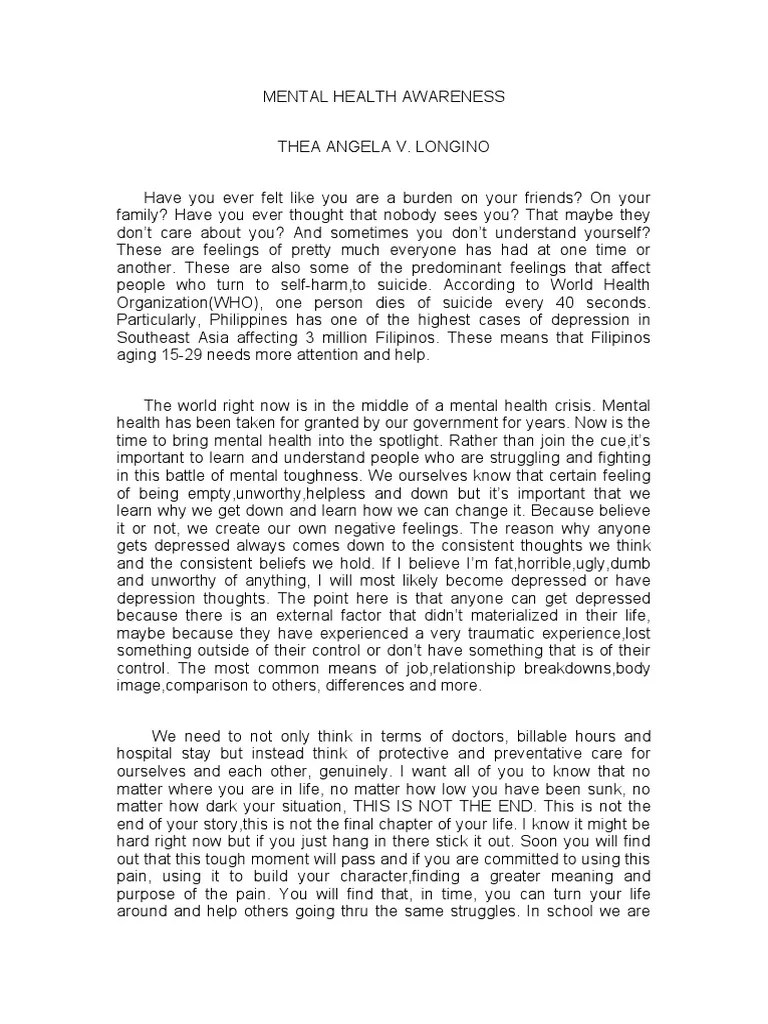 MENTAL HEALTH AWARENESS SPEECH.docx | Mental Health | Suicide