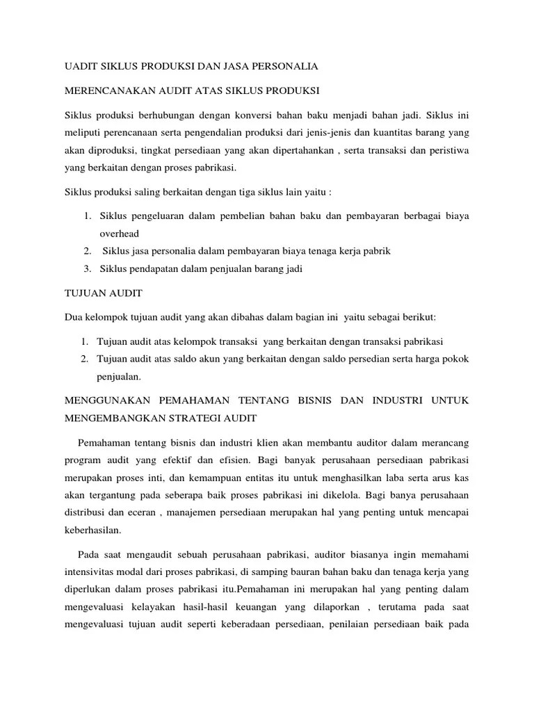 Audit Siklus Produksi Dan Personalia MERENCANAKAN AUDIT ATAS SIKLUS PRODUKSI Siklus produksi berhubungan dengan konversi bahan baju menjadi barang jadi.