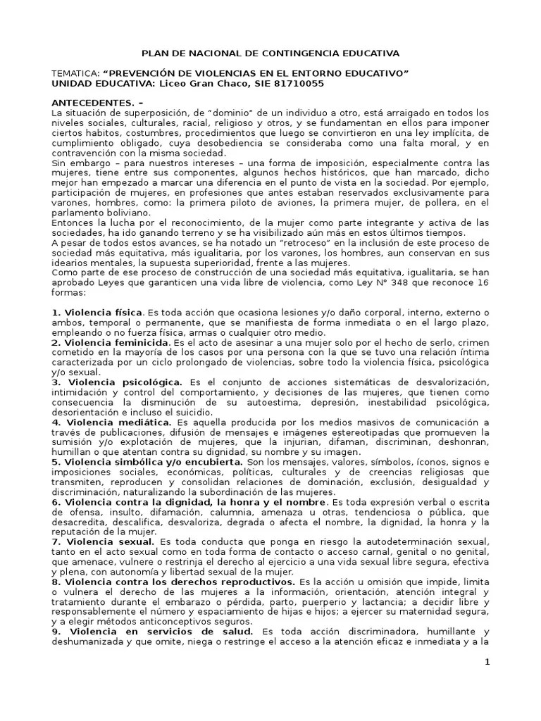 Plan Nacional De Contingencia Educativa | PDF | La Violencia Contra Las ...