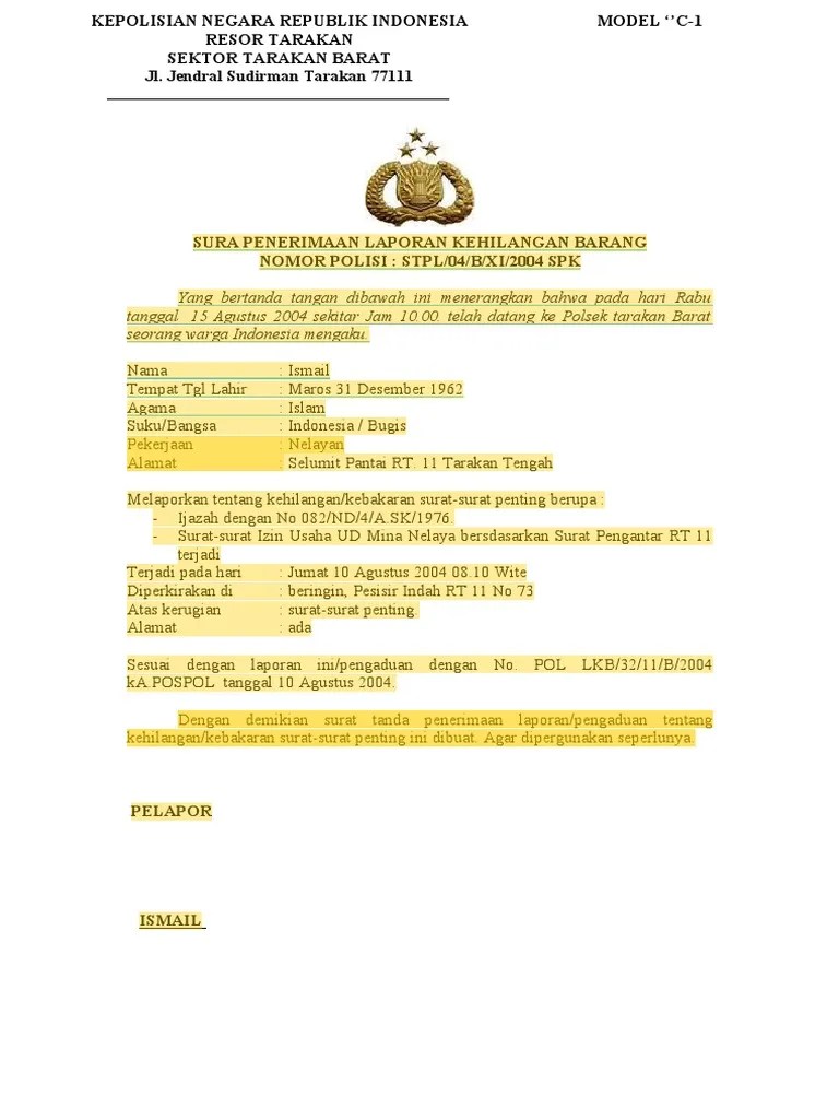 Contoh Surat Tanda Penerima Laporan Kehilangan Barang Model C 1 PDF | PDF