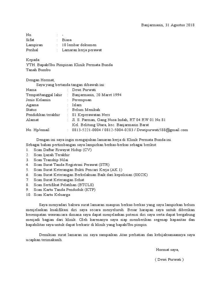 Ini contoh surat lamaran kerja terbaik yang dapat kawan kledo jadikan referensi untuk melamar keperkaan di pereusahaan idaman. Surat Lamaran Klinik Permata Bunda Pdf
