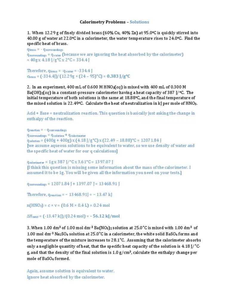 Calorimetry Problems - Solutions | PDF | Chemical Elements | Atoms
