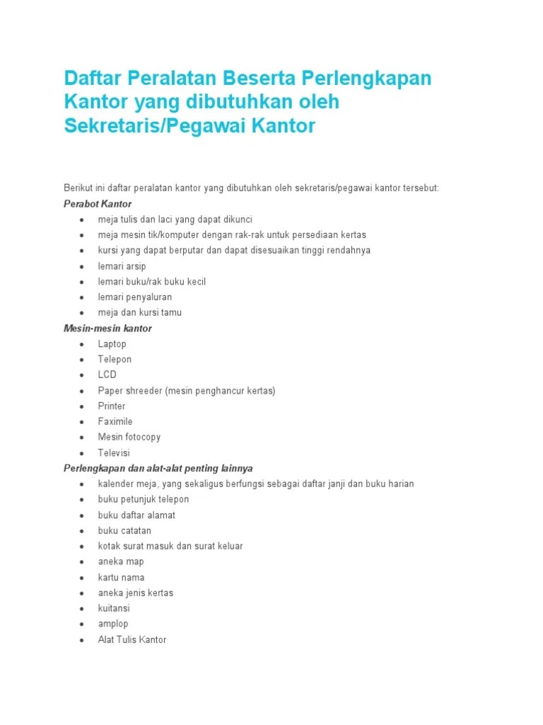 Daftar Peralatan Beserta Perlengkapan Kantor Yang Dibutuhkan Oleh Sekretaris  | PDF