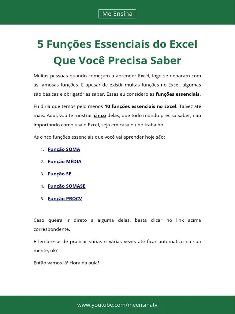 5 Funcoes Essenciais Do Excel Que Todos Precisam Saber Me Ensina | PDF | Microsoft Excel ...
