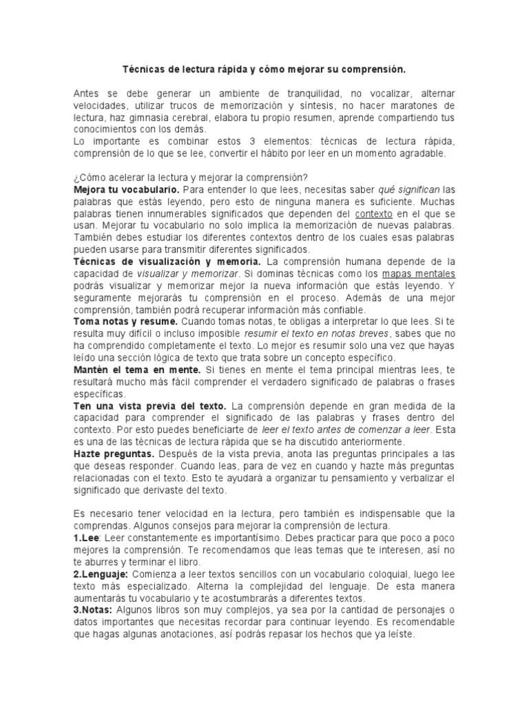 Técnicas De Lectura Rápida Y Cómo Mejorar Su Comprensión | PDF | Lectura Veloz | Comprensión