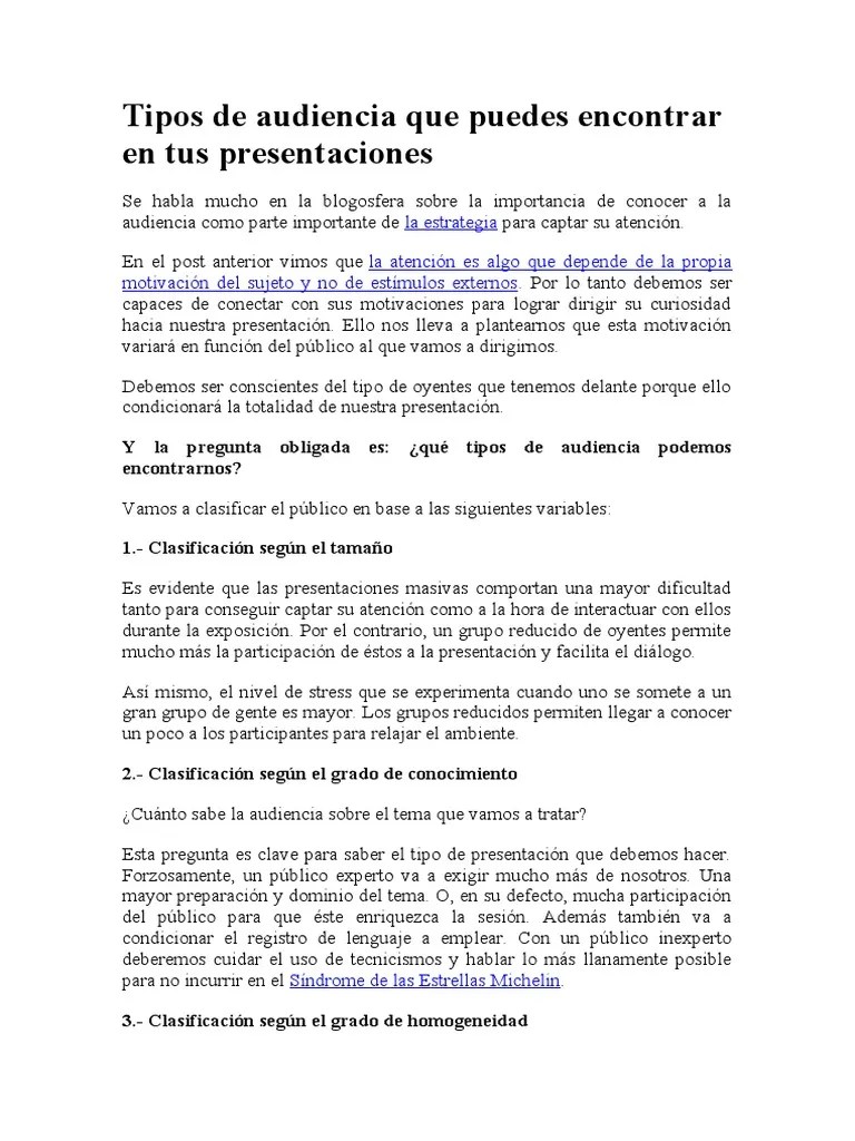 Tipos De Audiencia Que Puedes Encontrar En Tus Presentaciones | PDF | Podcast | Medición De ...