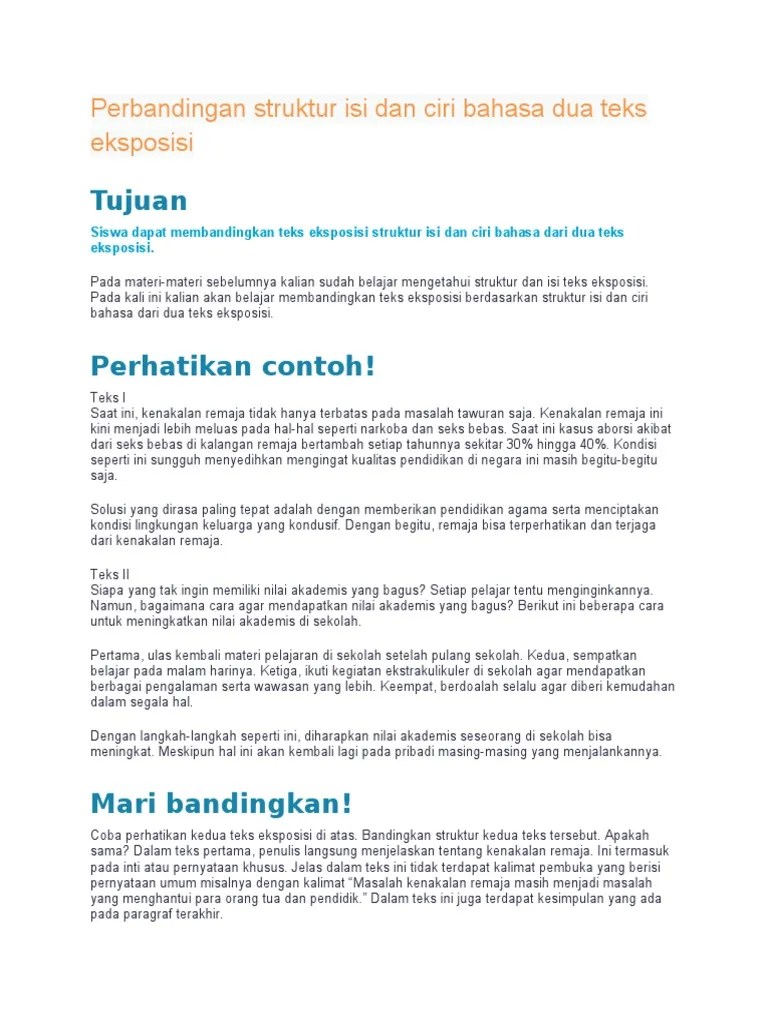 Perbandingan Struktur Isi Dan Ciri Bahasa Dua Teks Eksposisi | PDF