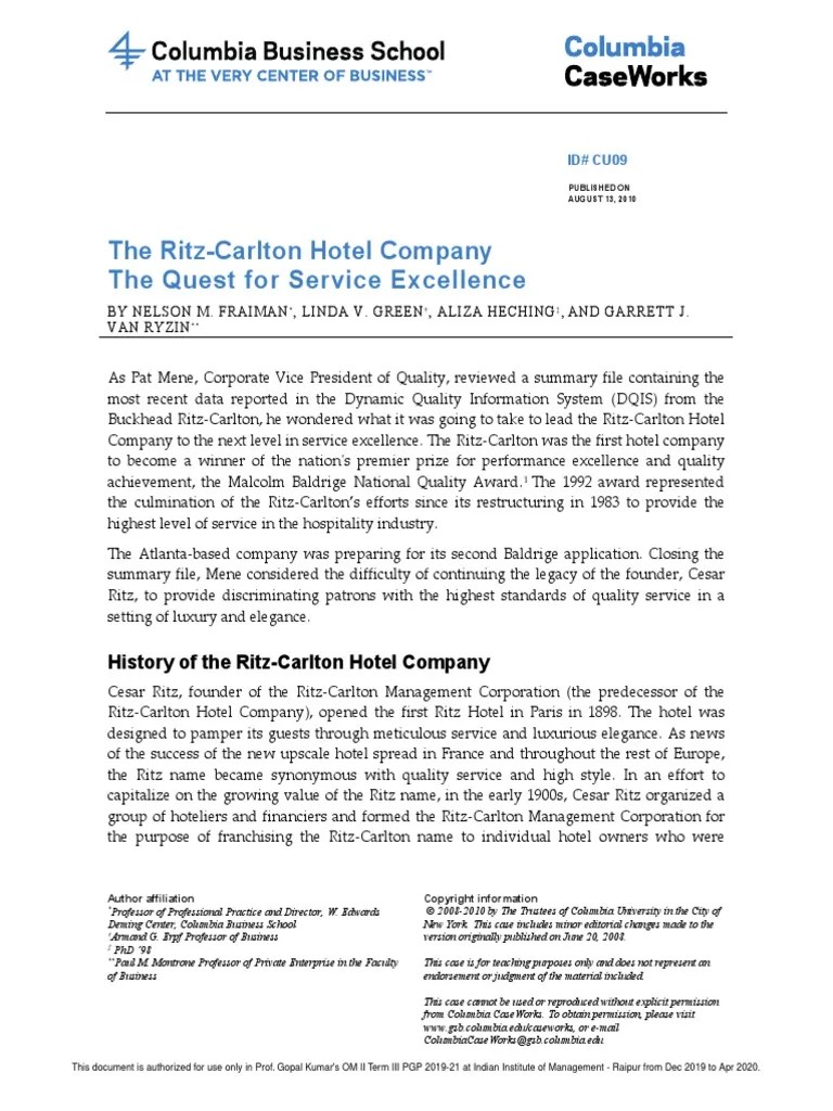 Case Study Quality At The Ritz Carlton Hotel Pany It was a wholly-owned subsidiary of Marriott International Inc.