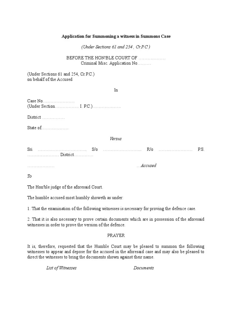 Application For Summoning A Witness In Summons Case-Drafting-Miscellaneous Template-745 | PDF