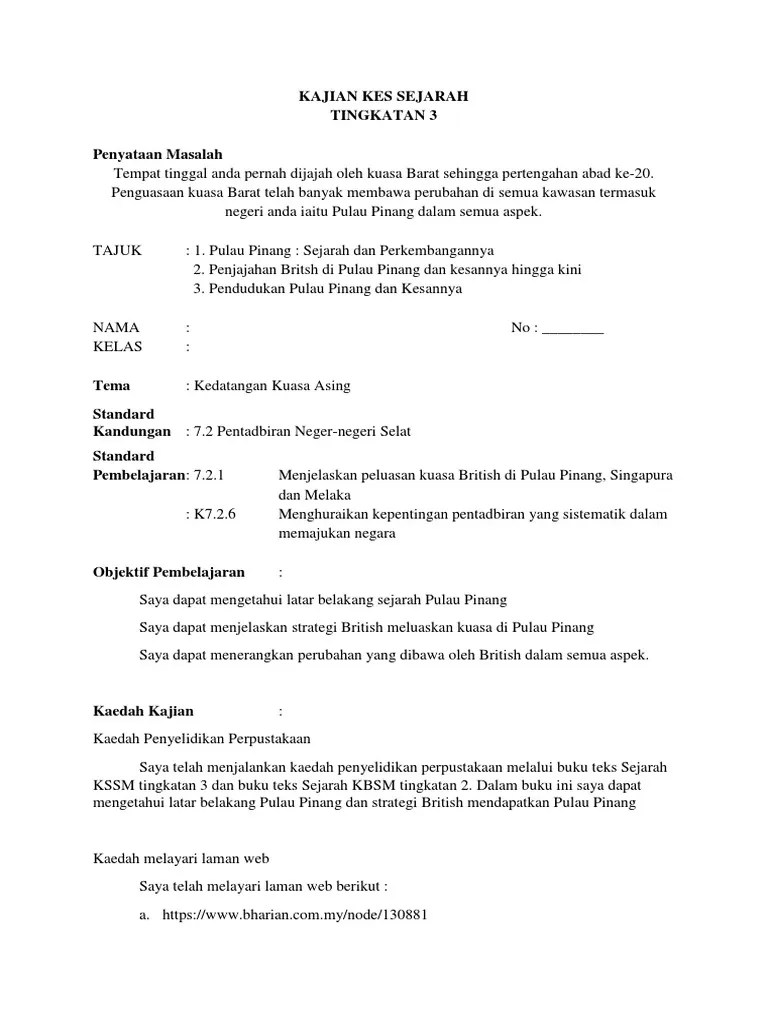 Folio 要tajuk kajian kes sejarah 要求要pernyataan masalah 想要知道要写什么. 2020 Kajian Kes Sejarah Tingkatan 3 Pdf